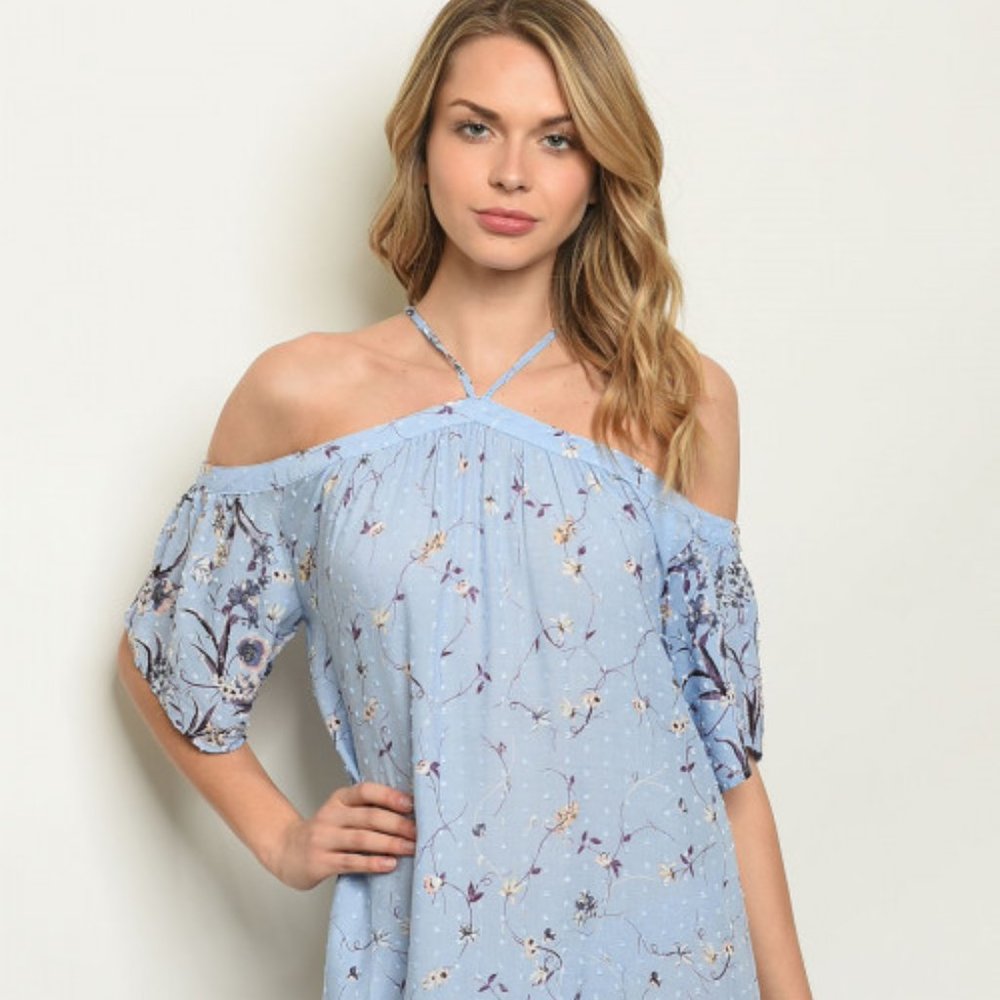 Off-The-Shoulder Floral Dress - Light Blue